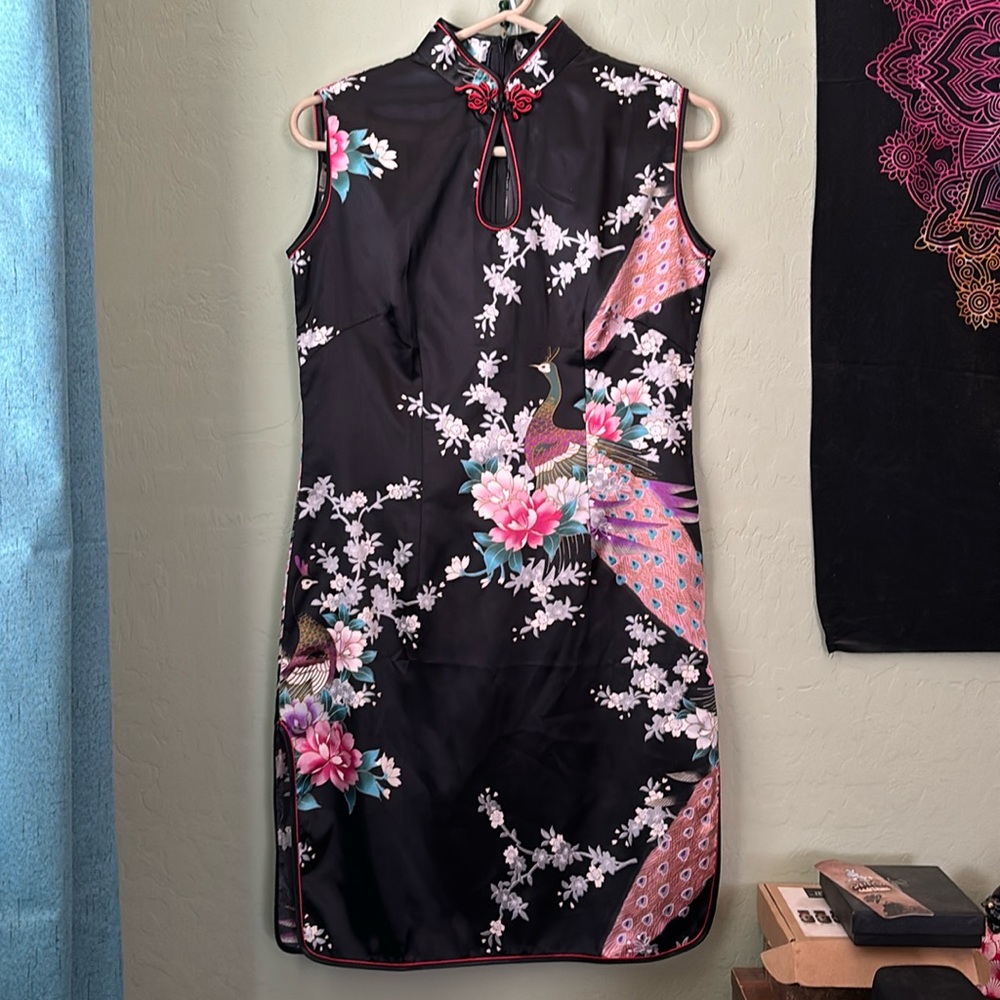 Jin Yue Fu Shi Black Floral Bird Mini Dress Size XL
